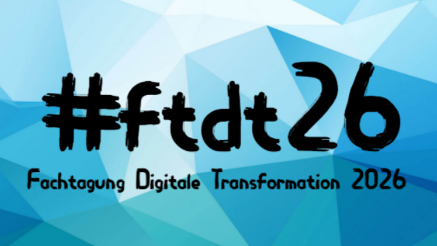 Dekoratives Bild auf einem blauen Hintergrund steht: #ftdt26 Fachtagung Digitale Transformation 2026