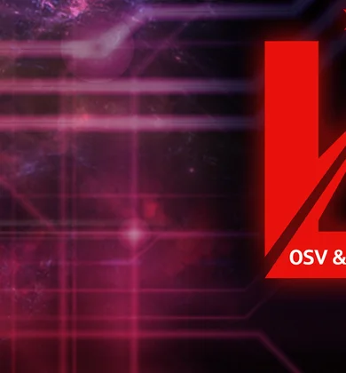 Dekoratives Bild mit einem lilaroten Hintergrund auf dem das neue Lernweltlogo, ein L mit einer Rakete und Sternen, linksseitig angebracht ist