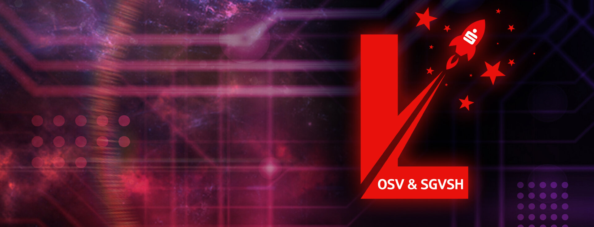 Dekoratives Bild mit einem lilaroten Hintergrund auf dem das neue Lernweltlogo, ein L mit einer Rakete und Sternen, linksseitig angebracht ist
