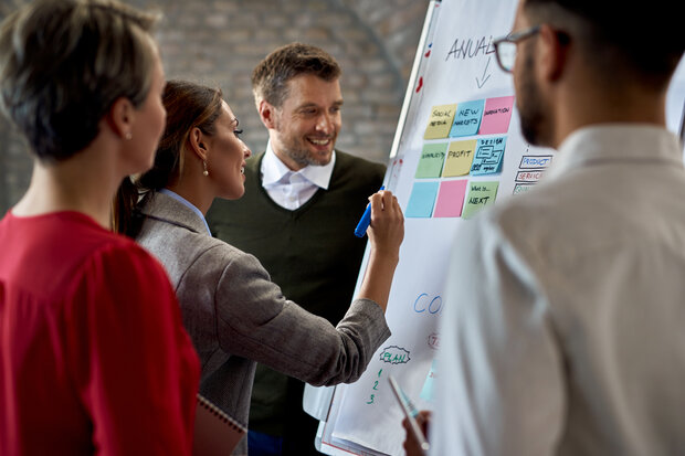 vier Person an Flipchart 